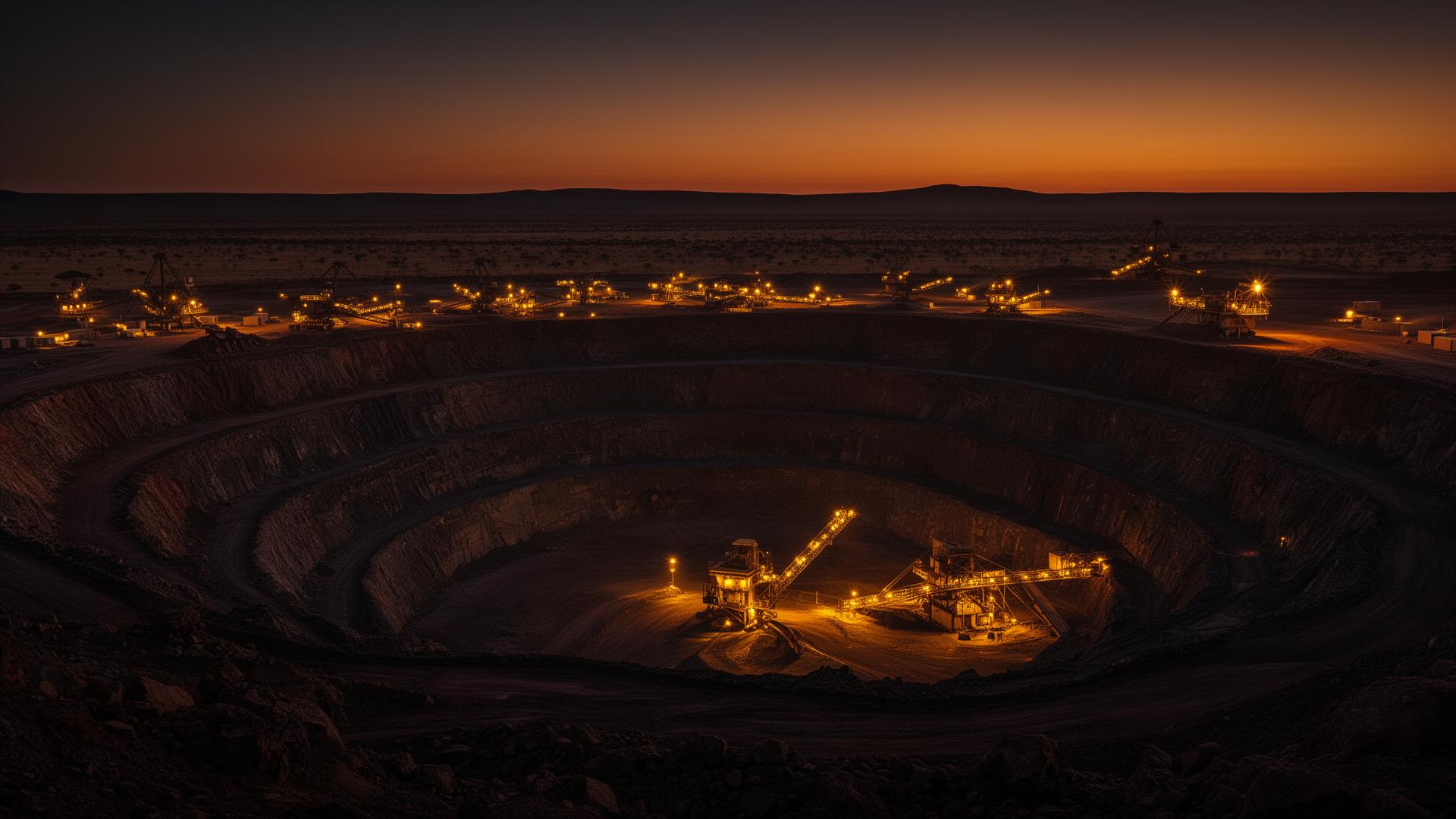 Open-pit gold mine at dusk with industrial lights against the Kalahari horizon